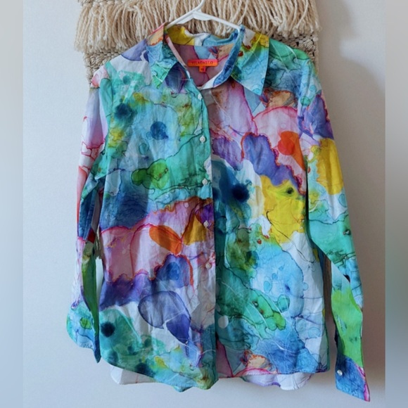 Vilagallo Mafalda Blouse Button Down Shirt Watercolor Ink Abstract Art To Wear - Picture 3 of 5